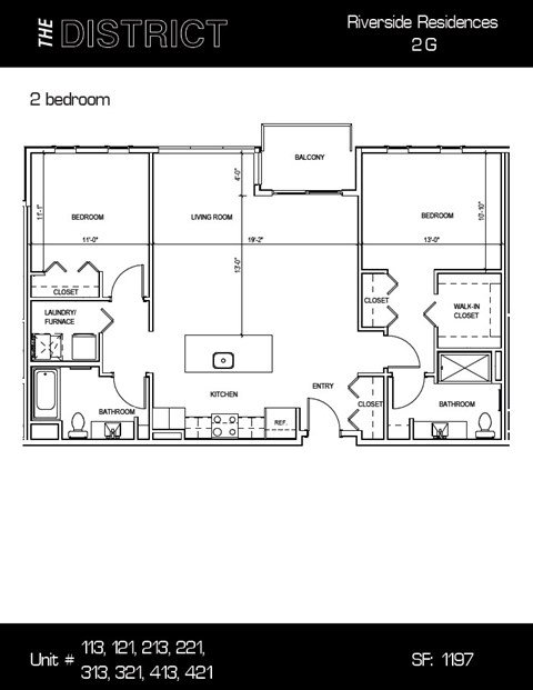 Floor plan for 2 beds, 2 baths, 1197 sqft